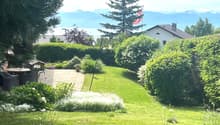 well-maintained garden with various plants, a table and chairs, a flag, and a house in the background