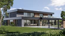 Two-story modern house with a flat roof, large glass windows, and a mix of dark gray and wood exterior materials. The house has a swimming pool and a balcony or terrace on the upper level.