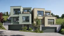 Two story house, green exterior, 3 garages, balconies