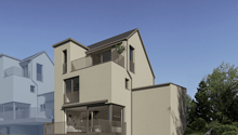3 story house, beige exterior, multiple balconies, garden, outdoor seating area