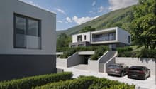 modern two-story house, white and gray exterior, large windows, concrete garage with two parking spaces, green roof terrace with plants, steps leading to the entrance, mountain landscape in the background