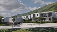 4 modern houses in a row, gray and white, set on the mountainside, large windows, large balconies