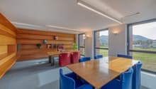 wooden desks and shelves, large windows, modern furniture, carpeting, bright lighting