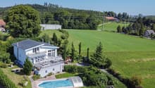 modern detached house, 2 story, large terrace, swimming pool, garden, green surroundings
