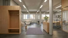 Office with modern furniture, wooden storage units, large windows, large rug, and office desks.