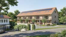 wood exterior, solar panels, balconies, greenery, bicycles, outdoor seating, car