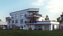 modern white building, 4 floors, terraces, garden in front