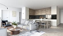 Sofa, coffee table, dining table, chairs, floor lamp, open kitchen, gas stove, sink, cabinets, oven, countertop, artwork, rug