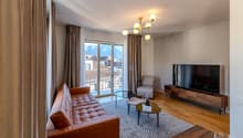 leather couch, coffee table, TV, armchair, chandelier, rug, balcony