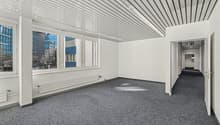 white walls, carpeted floor, large windows, radiators