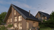 Modern house with a black roof, large windows, a terrace, and a garden