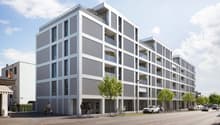 Modern apartment building with multiple balconies, white exterior, multiple floors, street view