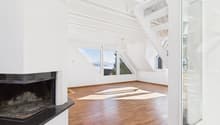 empty room, wooden floor, white walls, fireplace, glass windows, glass door