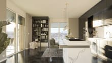 Spacious open-concept living room and kitchen with large windows providing a scenic view. The room features a built-in bookshelf, a dining table, and modern kitchen appliances and cabinetry. The floor is made of dark tiles, and the overall design has a sl