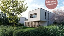 Modern white house, large windows, glass doors, swimming pool, garden, trees