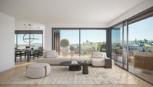 large windows, balcony, hardwood floors, white walls, modern furniture, white sofa