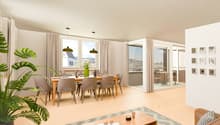 Dining room with wooden table, chairs, large windows, balcony, plant, rug, coffee table, couch