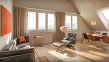 Leather couch, side table, floor lamp, dining table, leather chairs, carpet, large windows, curtains, painting