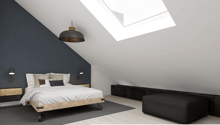 attic room with blue wall, white ceiling, wooden bed, skylight, bedside tables, storage units, black ottoman, black rug