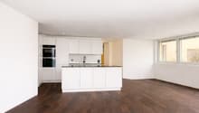 white cabinets, wooden floor, large windows, modern appliances