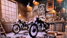 A room with two motorcycles, tools, and equipment on the floor, a window, and a radiator.