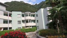 Modern apartment building, multiple floors, balconies, surrounded by greenery, mountain view