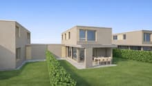 contemporary house, large windows, elevated terrace, two stories, green lawn, modern architecture