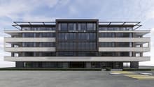modern office building, glass facade, multiple floors, large windows, parking area