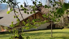 Detached house with wood exterior, grey roof, garden in front