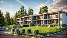 Contemporary architecture, glass windows, stone and brick walls, multiple levels, visible balconies with railings, outdoor dining area, landscaped area with trees and lawn