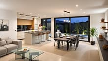 modern design, island countertop, built-in appliances, large windows, dining area, sitting area, modern flooring, pendant lighting