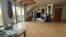 wooden floor, large windows, balcony, TV, wooden beams, fireplace