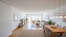 Dining room with wooden table, chairs, and a rug. Living room with couch, coffee table, and a rug. TV on a cabinet. Potted plants and picture frames on the wall.