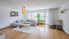 Living room with gray sofa, wooden coffee table, white rug, wooden floor, white walls, large window, potted plant, ceiling lamp, picture frame, and a treadmill.