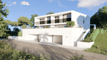Modern 2-story house, white exterior, 2 garages, elevated ground floor, large windows, surrounded by greenery