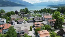 Aerial view of a neighborhood with houses, a lake, and mountains in the background