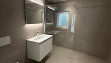 modern bathroom with white sink, mirror, toilet, and glass shower enclosure