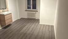 empty room, wooden floor, bathroom sink, mirror, window, radiator