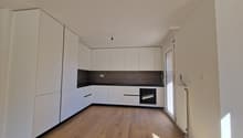 modern kitchen with white cabinets, wooden floor, black countertops, stainless steel sink, built-in oven, sliding glass door