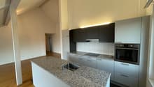 modern kitchen with granite countertop, stainless steel sink, built-in oven, dishwasher, wooden floor