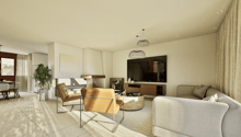 fireplace, tv, couch, 2 chairs, table, plant, pendant lights