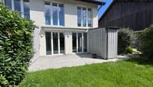 white house, glass doors, glass windows, balcony, garden, wooden shed
