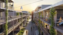 An artist's impression of an apartment complex with raised ground floor and terraces.