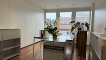 An empty office with white walls, wooden floor, white cabinets, two desks, and two potted plants.