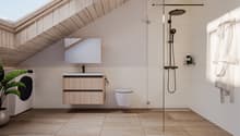 wooden ceiling, white tiled walls, white sink, wooden cabinet, white toilet, glass shower enclosure, shower head, washing machine