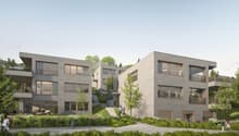 Modern apartment building, concrete exterior, large windows, balconies, landscaped garden, walking path