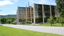 Modern office building, glass facade, multiple floors, surrounded by greenery, road in front