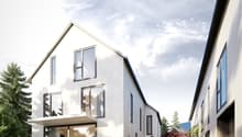 Modern 2 story house, white exterior, multiple windows, terrace, garden, surrounding trees