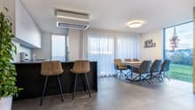 Countertop, bar stools, round table with chairs, large glass doors, green plant