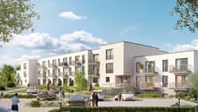 Modern apartment building, white exterior, multiple balconies, landscaped garden, parking area, people walking